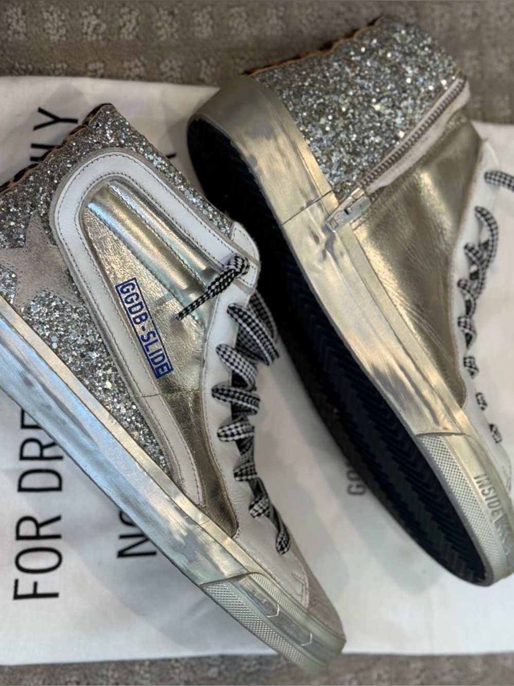 Golden Goose Slide Silver Glitter High-Top Sneakers Size 40/10 AUTHENTIC - Picture 12 of 14